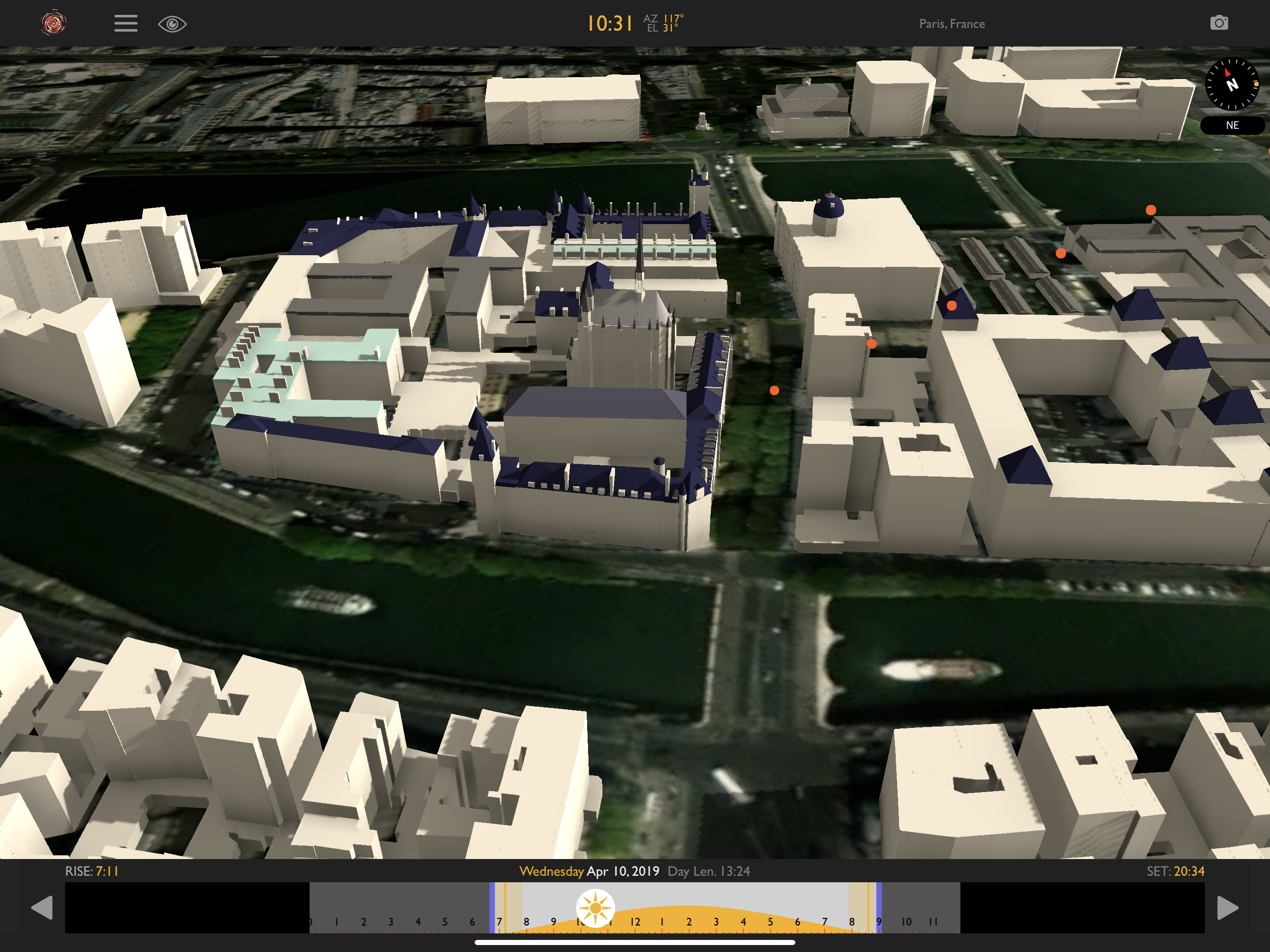 Helios Pro simulating sunlight falling on buildings in a city street