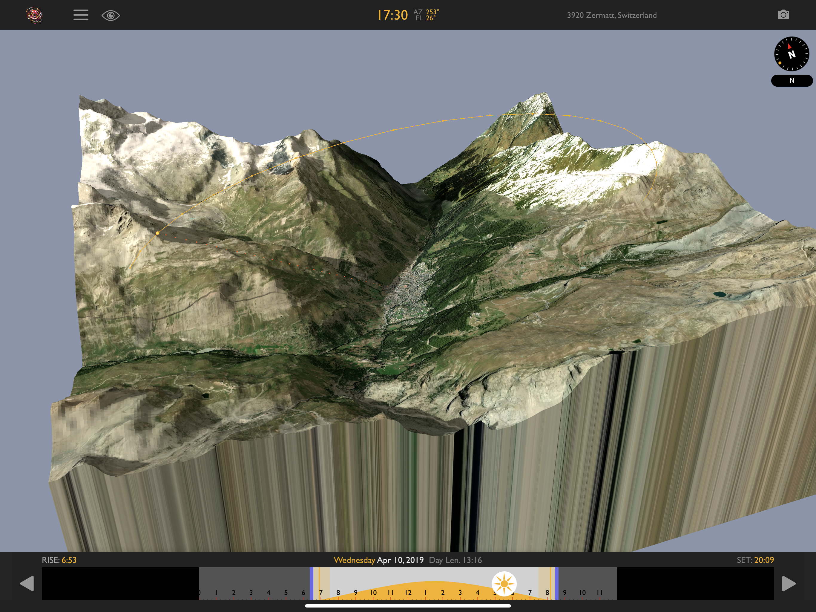 Helios Pro showing sunlight falling across landscape terrain