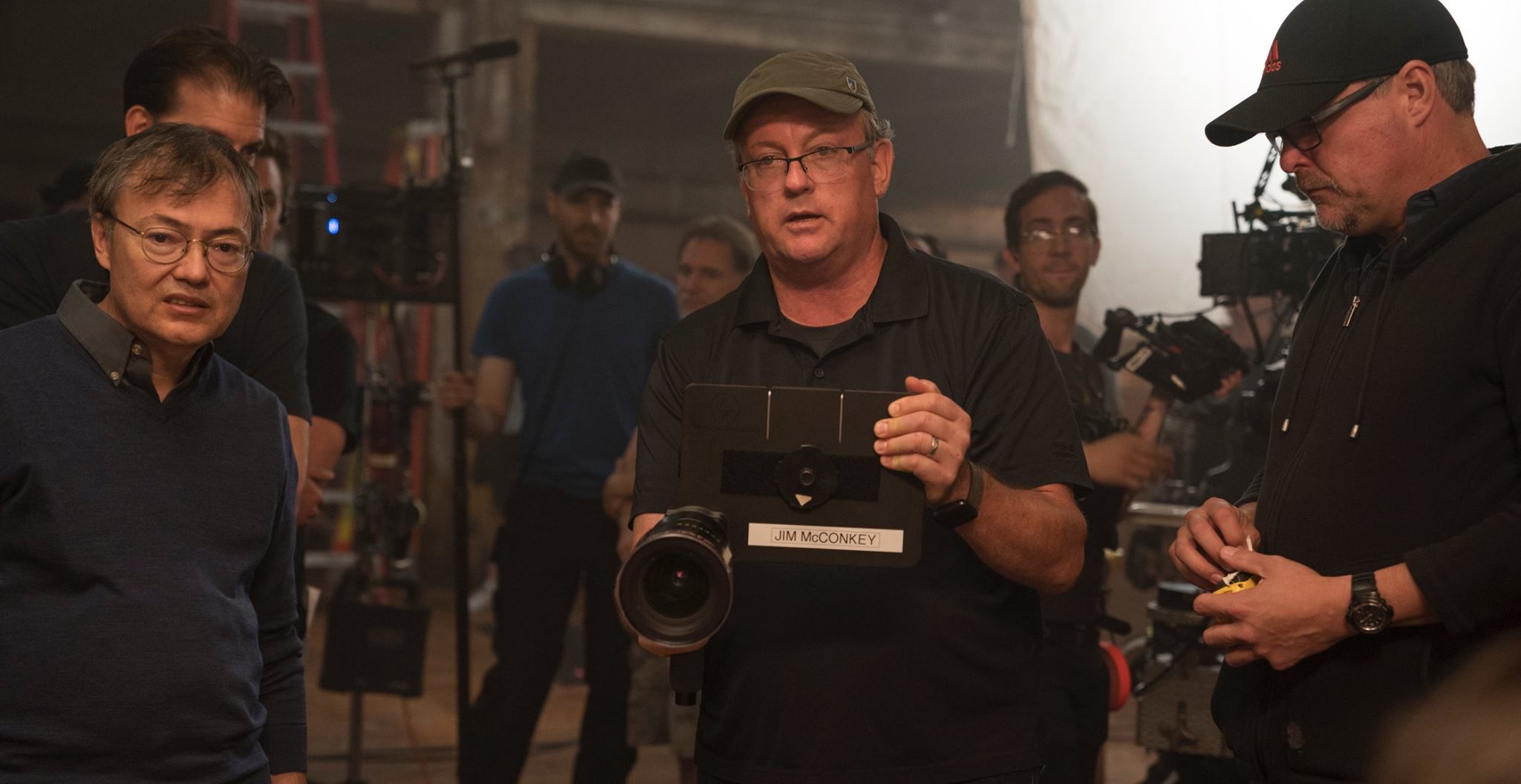 Jim McConkey holding Artemis Prime on the set of The Marvelous Mrs. Maisel