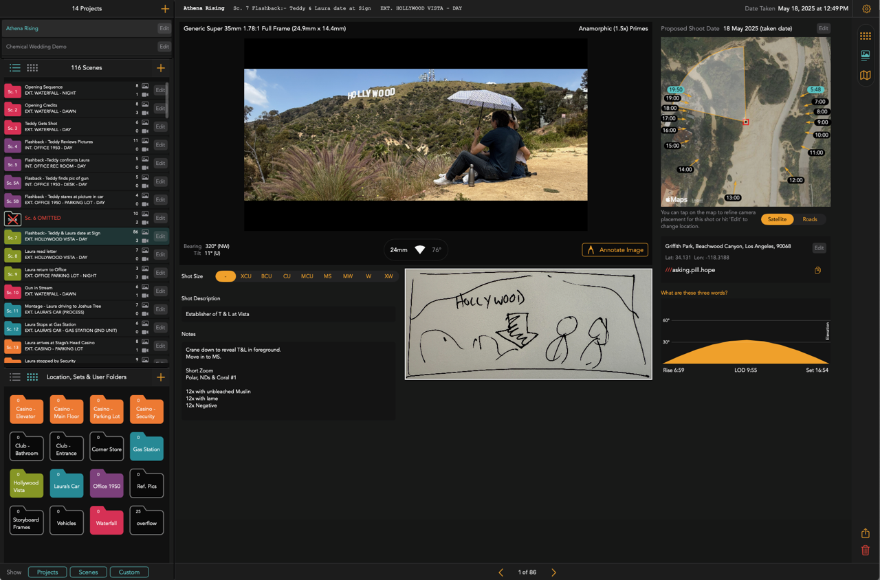 Artemis Studio exporting a shot list with scene breakdowns and reference frames