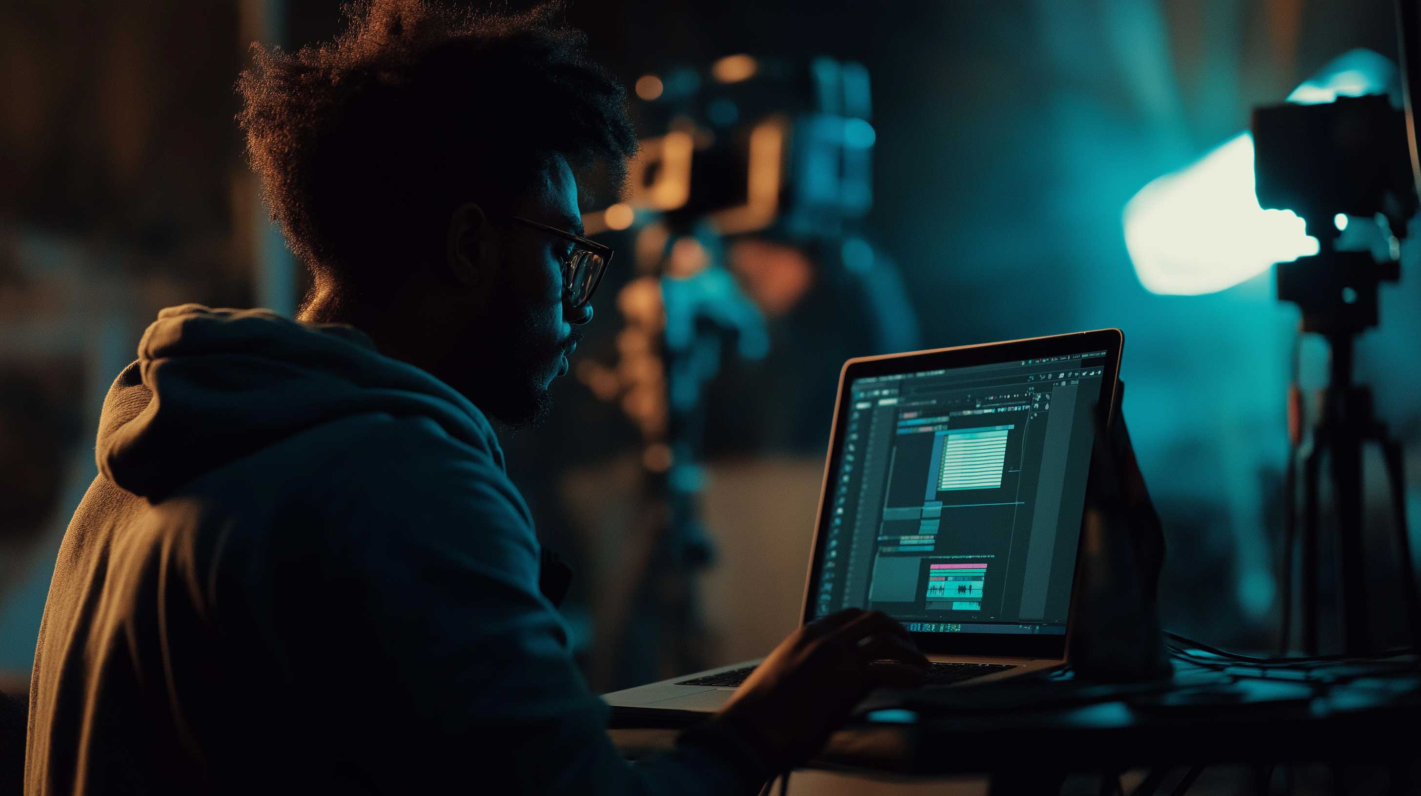 A filmmaker working on a Mac with a camera and film lights in the background